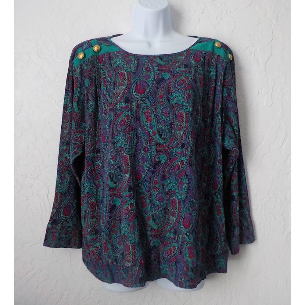 Vintage Amy Jess Top Blouse Paisley Blue Golden Button Loong Sleeves Fits M / L